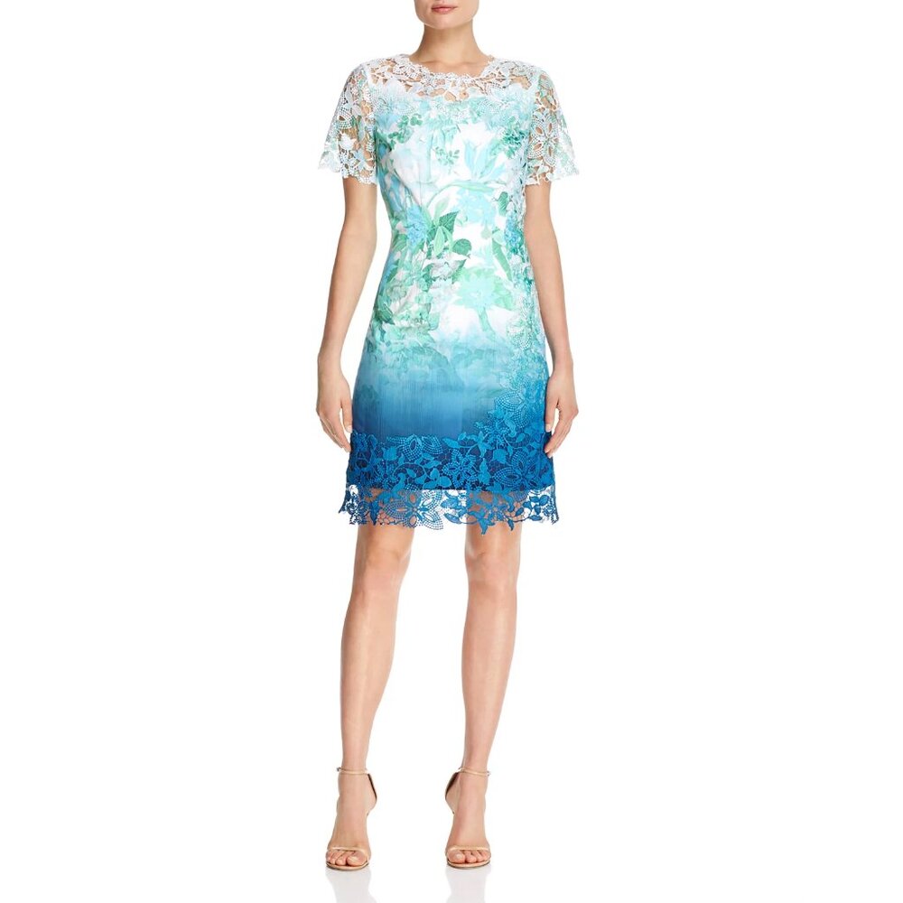 Elie Tahari Dress 8 Watercolor Floral Lace Sheath Ombre Blue Teal Stretch Lined